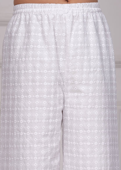 Women White Schiffli Straight Palazzo | LASVINI - Redefining Indian Fashion with Elegance