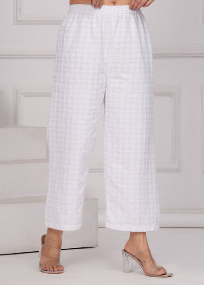 Women White Schiffli Straight Palazzo | LASVINI - Redefining Indian Fashion with Elegance