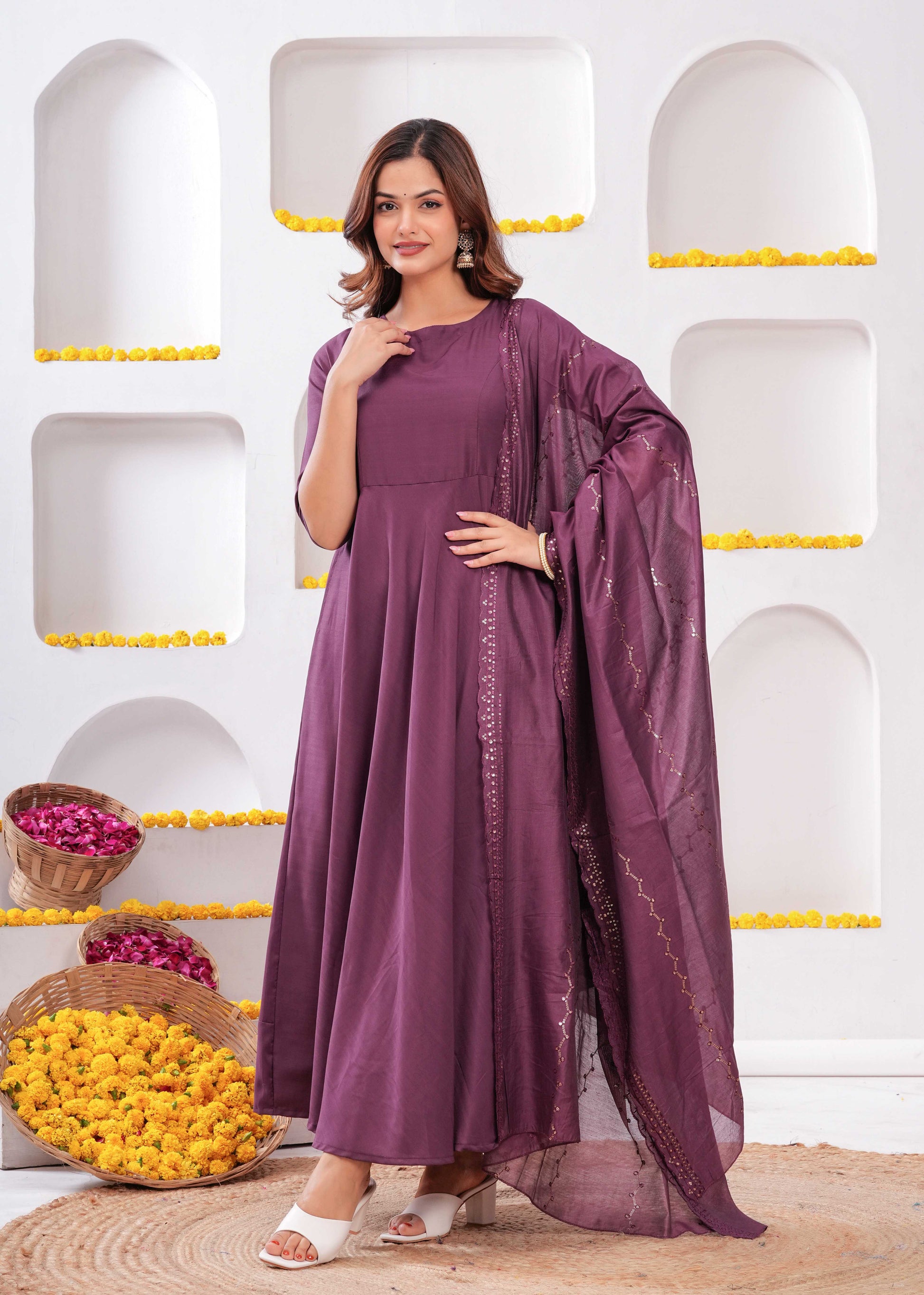 Women Purple Flared Dress with Dupatta | LASVINI - Redefining Indian Fashion with Elegance