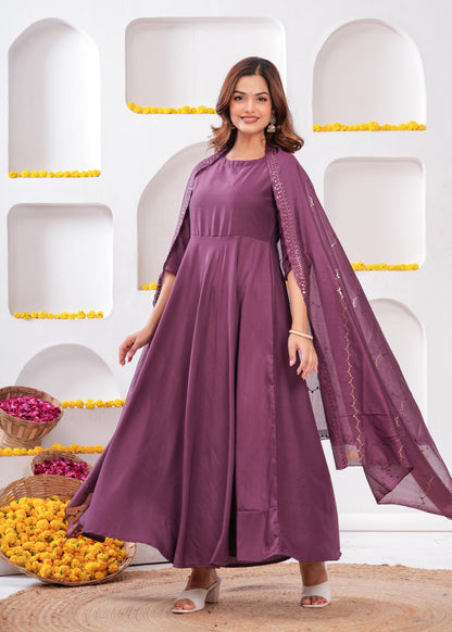 Women Purple Flared Dress with Dupatta | LASVINI - Redefining Indian Fashion with Elegance