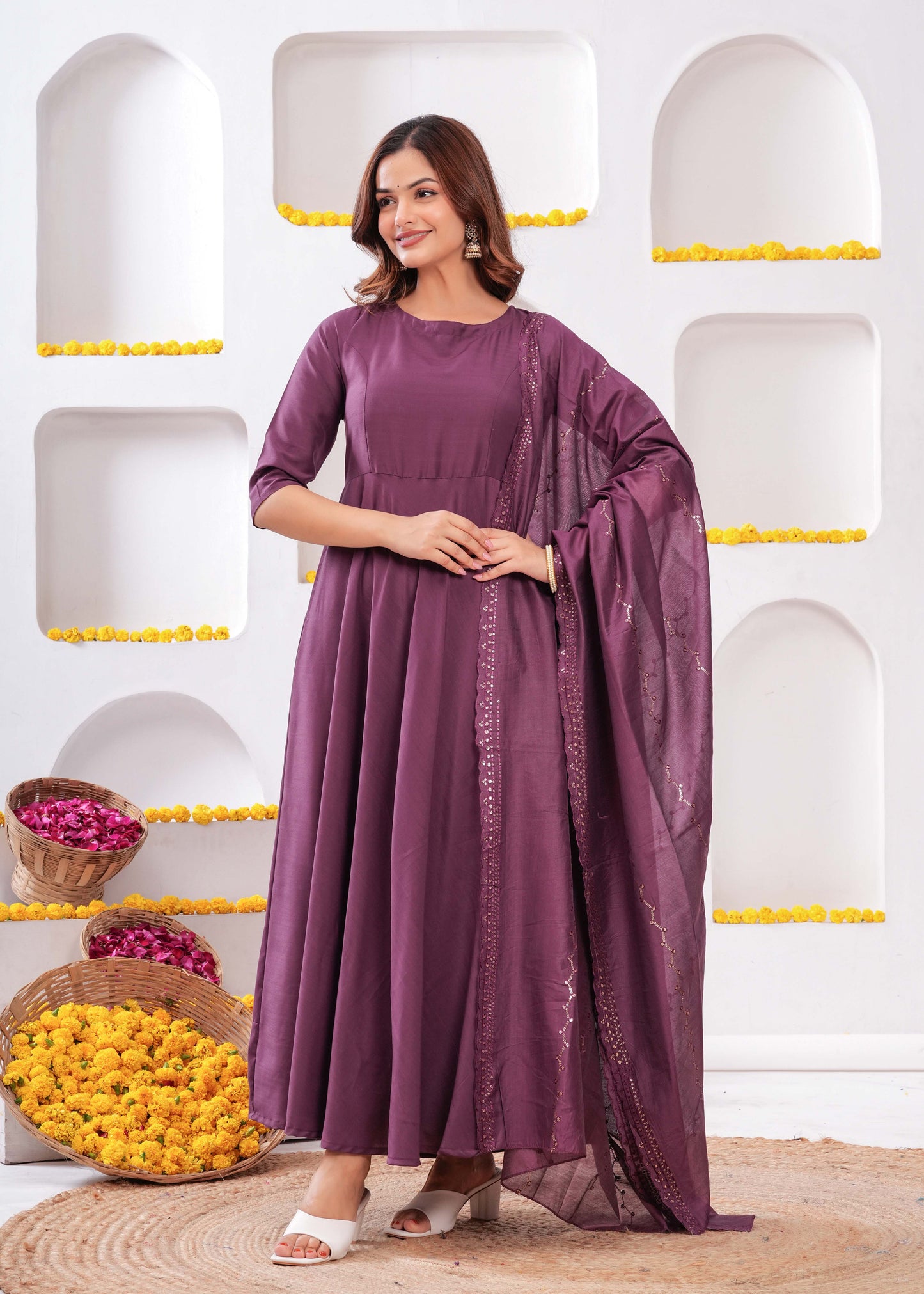 Women Purple Flared Dress with Dupatta | LASVINI - Redefining Indian Fashion with Elegance