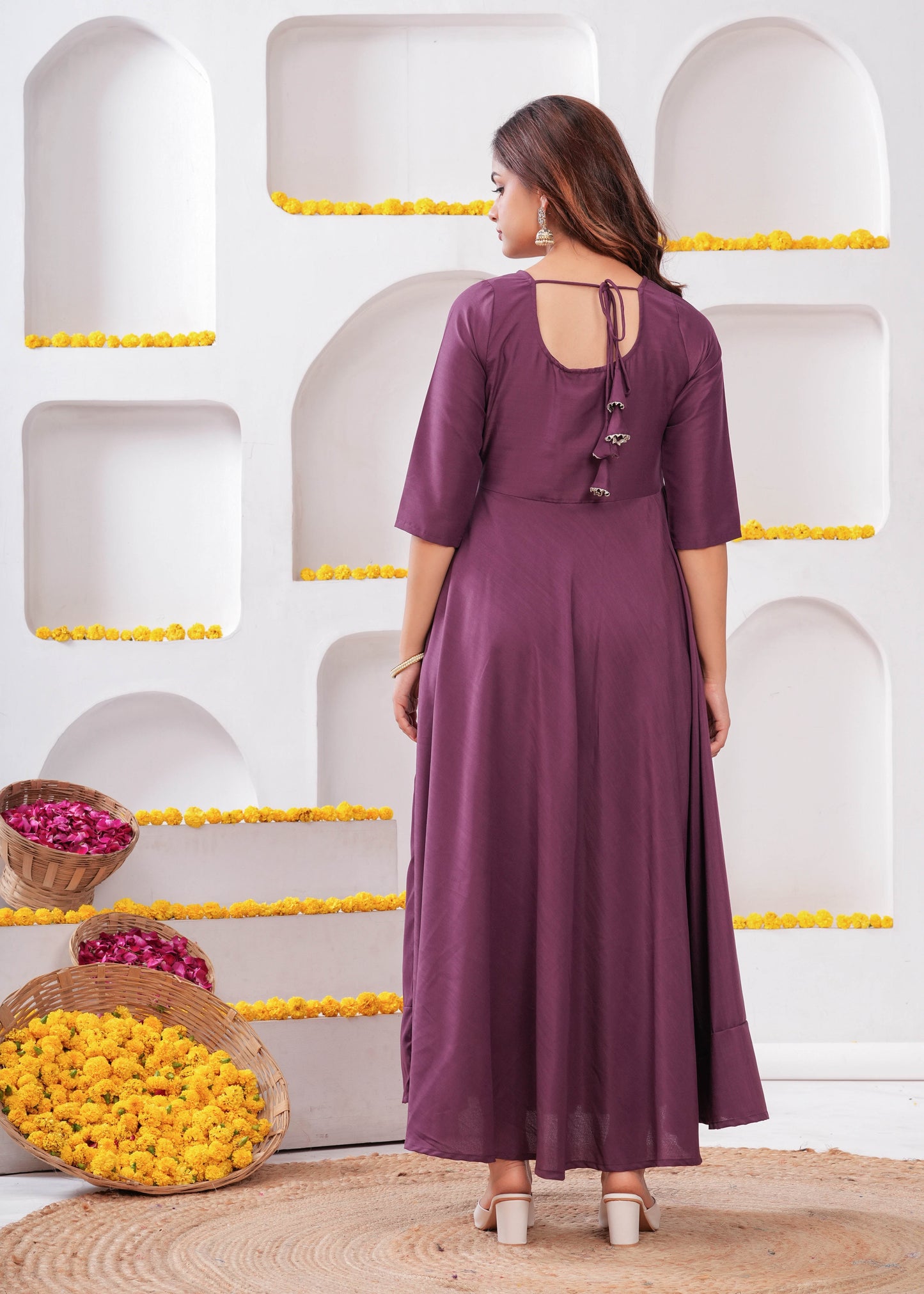 Women Purple Flared Dress with Dupatta | LASVINI - Redefining Indian Fashion with Elegance