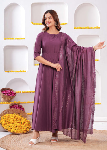 Women Purple Flared Dress with Dupatta | LASVINI - Redefining Indian Fashion with Elegance