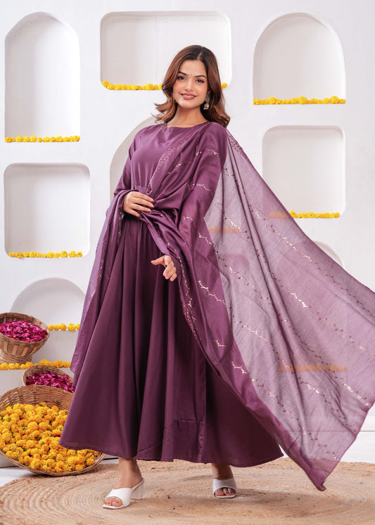 Women Purple Flared Dress with Dupatta | LASVINI - Redefining Indian Fashion with Elegance