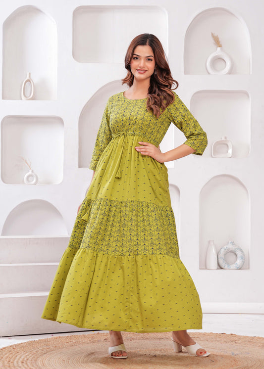 Green Ethnic Printed Flared Dress for Women | LASVINI - Redefining Indian Fashion with Elegance