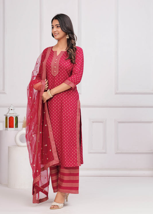 Pink Gold Printed Straight Kurta Set With Net Dupatta for Women | LASVINI - Redefining Indian Fashion with Elegance