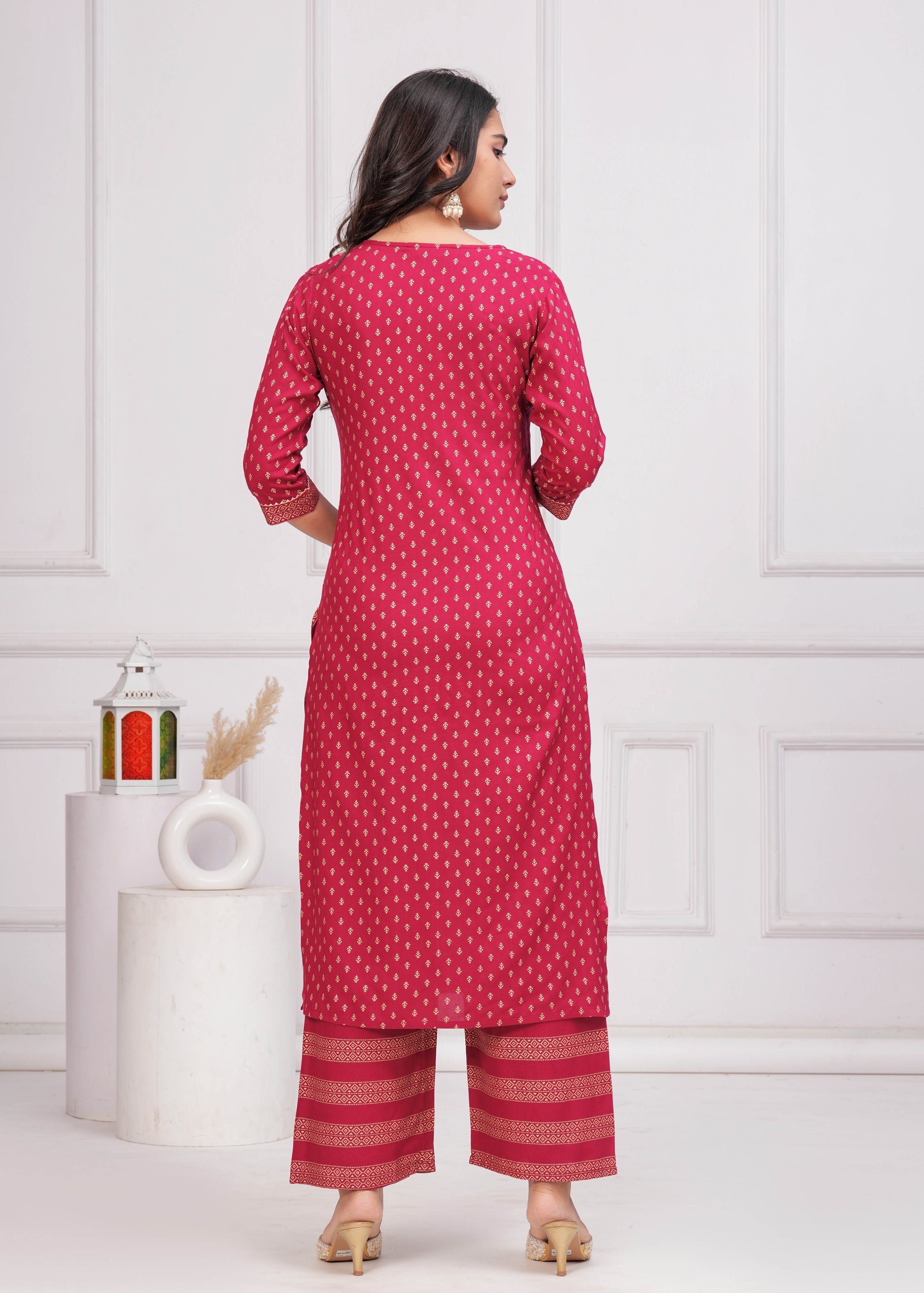 Pink Gold Printed Straight Kurta Set With Net Dupatta for Women | LASVINI - Redefining Indian Fashion with Elegance