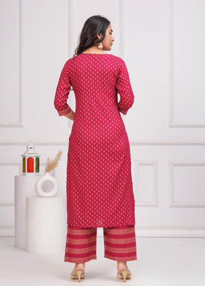Pink Gold Printed Straight Kurta Set With Net Dupatta for Women | LASVINI - Redefining Indian Fashion with Elegance