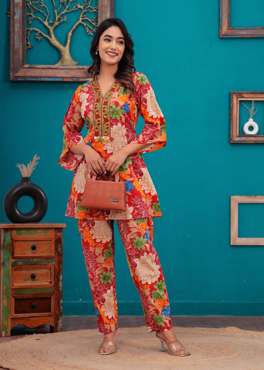 Red Floral Printed Co-Ord set for Women | LASVINI - Redefining Indian Fashion with Elegance
