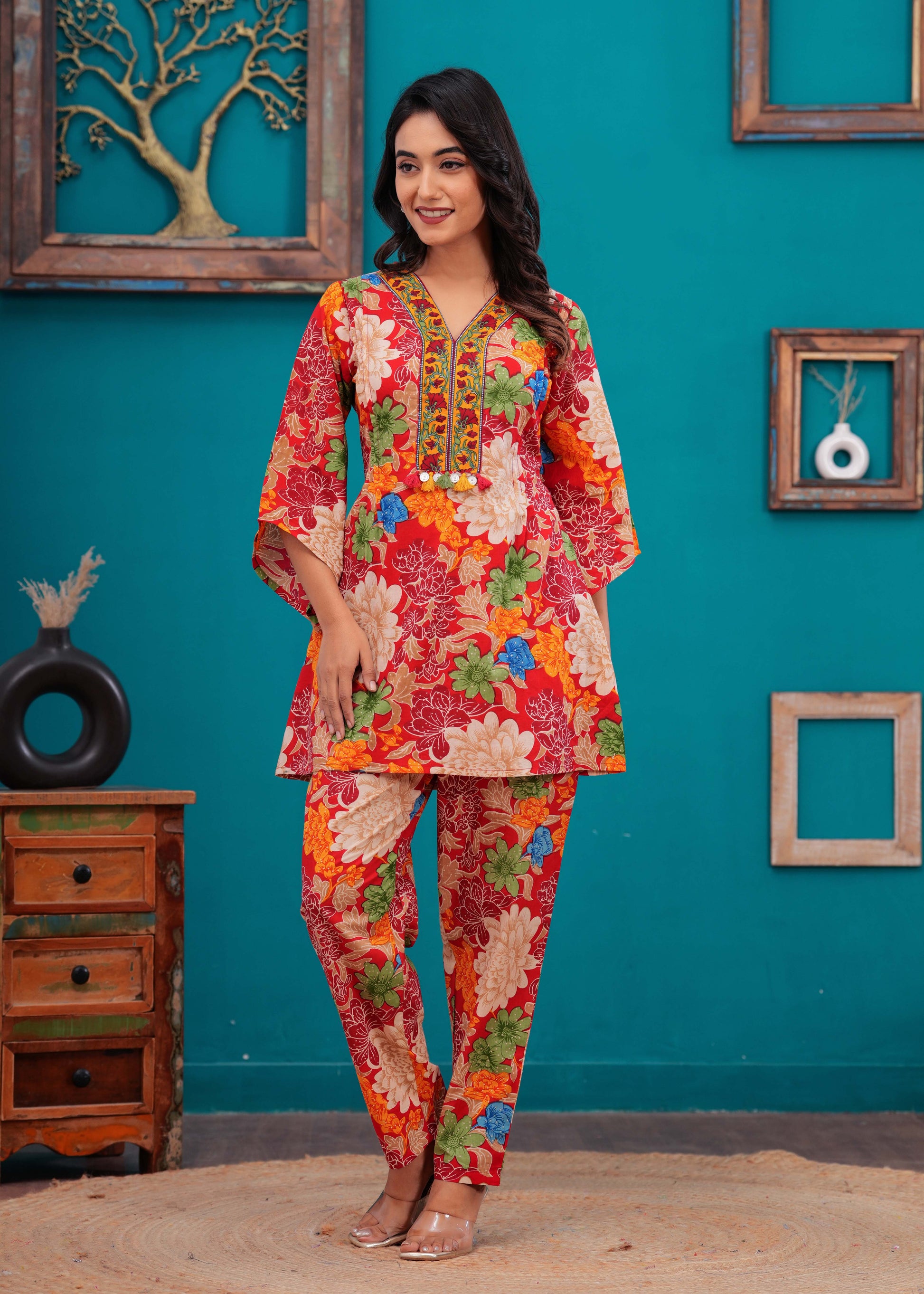 Red Floral Printed Co-Ord set for Women | LASVINI - Redefining Indian Fashion with Elegance