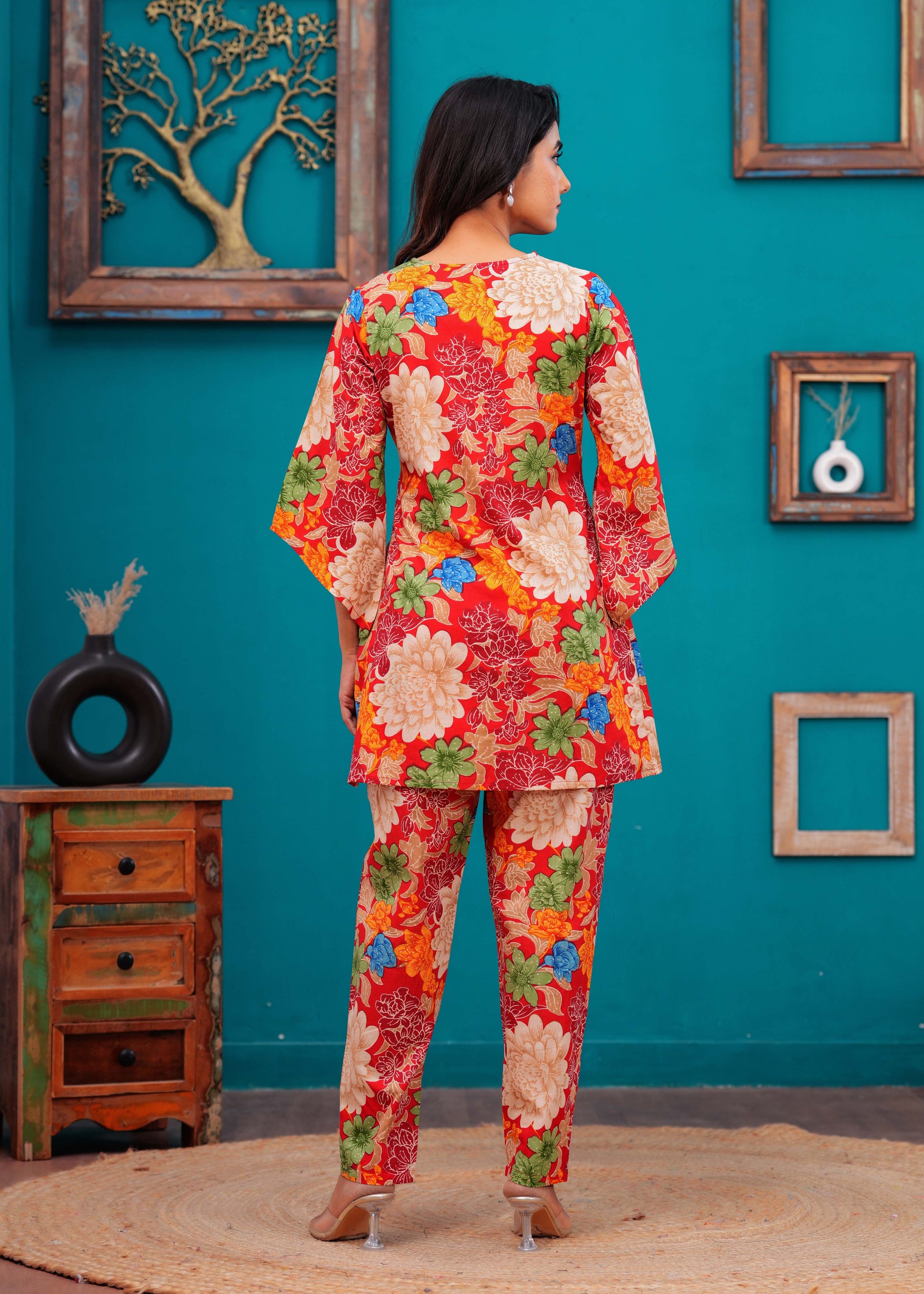 Red Floral Printed Co-Ord set for Women | LASVINI - Redefining Indian Fashion with Elegance