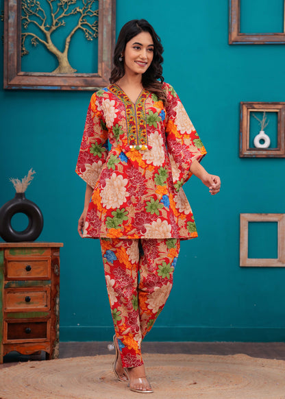 Red Floral Printed Co-Ord set for Women | LASVINI - Redefining Indian Fashion with Elegance