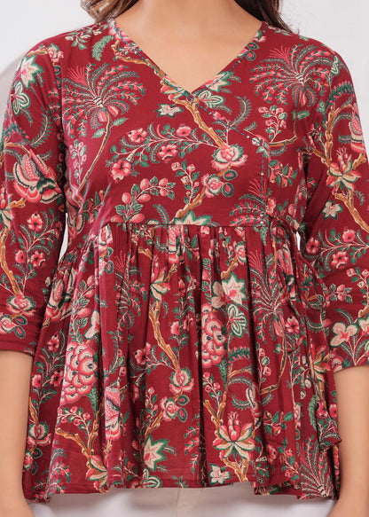 Women Maroon Printed Peplum Tunic | LASVINI - Redefining Indian Fashion with Elegance