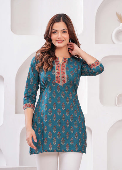 Women Teal Blue Printed Straight Tunic | LASVINI - Redefining Indian Fashion with Elegance