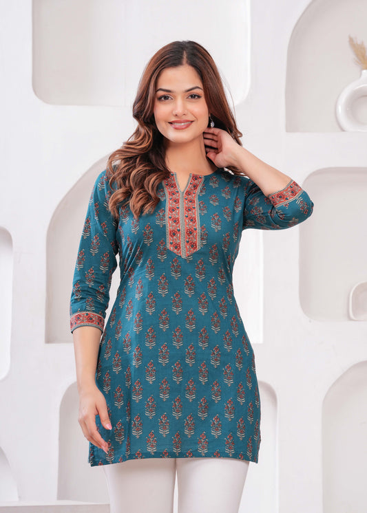 Women Teal Blue Printed Straight Tunic | LASVINI - Redefining Indian Fashion with Elegance