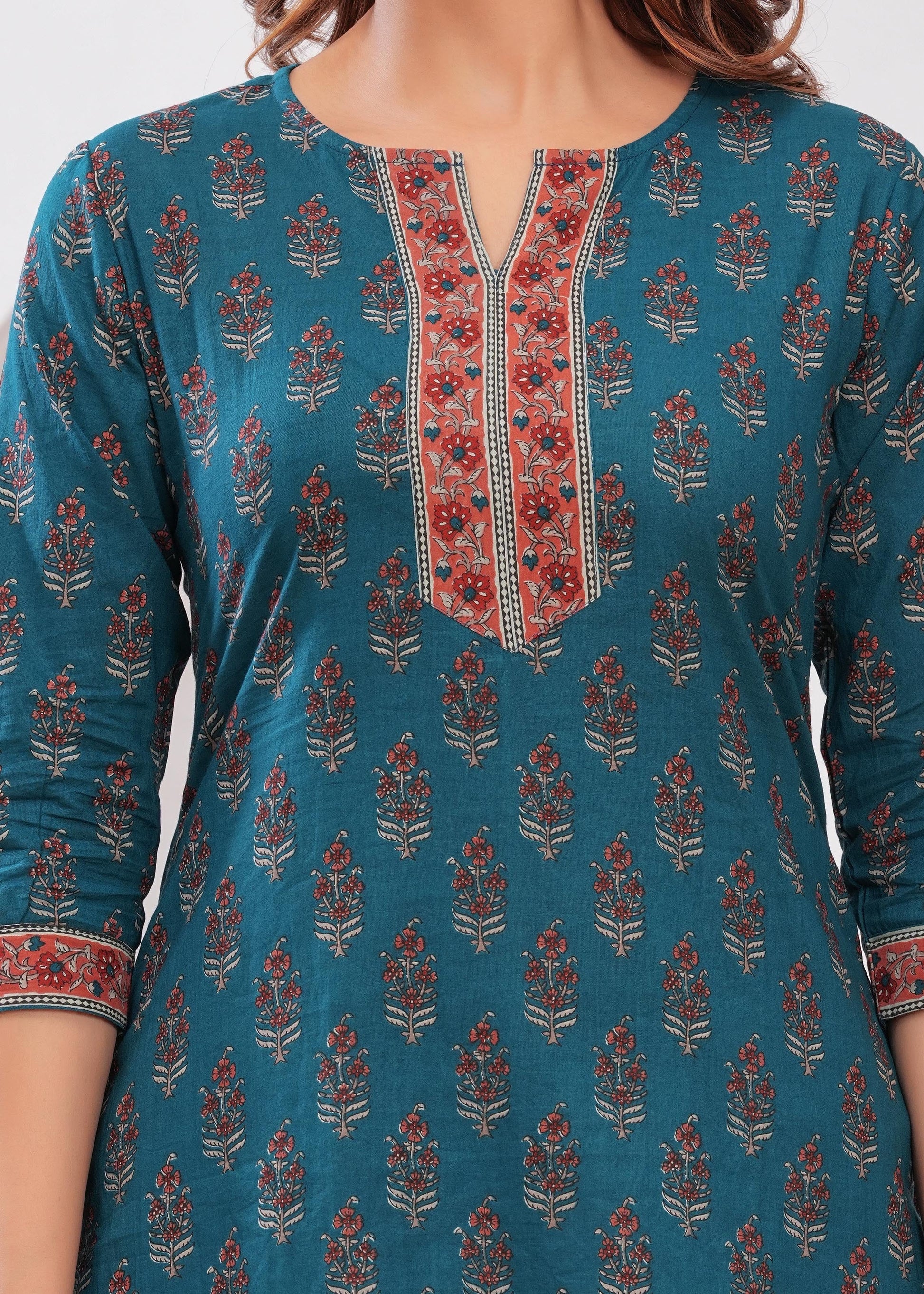 Women Teal Blue Printed Straight Tunic | LASVINI - Redefining Indian Fashion with Elegance