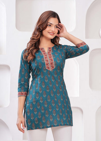 Women Teal Blue Printed Straight Tunic | LASVINI - Redefining Indian Fashion with Elegance