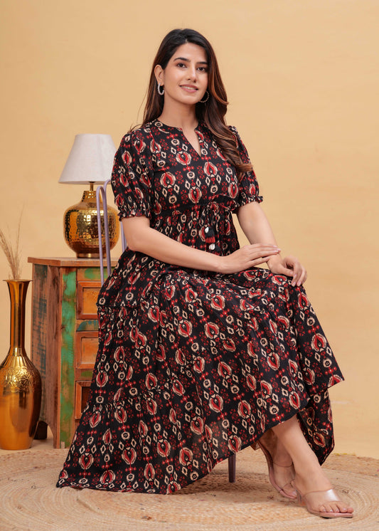 Black Abstract Printed Flared Dress for Women | LASVINI - Redefining Indian Fashion with Elegance