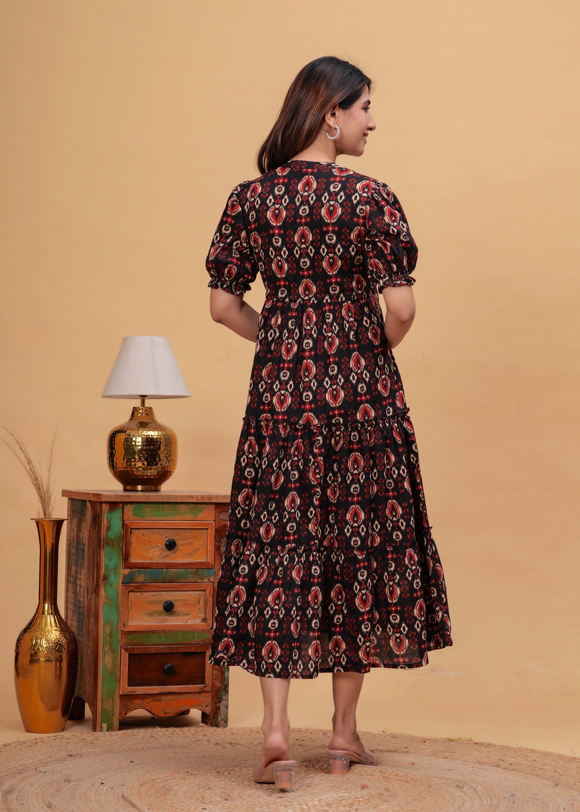 Black Abstract Printed Flared Dress for Women | LASVINI - Redefining Indian Fashion with Elegance