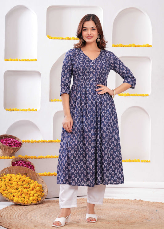 Women Blue Printed A-Line Kurta with Three Quarter Sleeves | LASVINI - Redefining Indian Fashion with Elegance