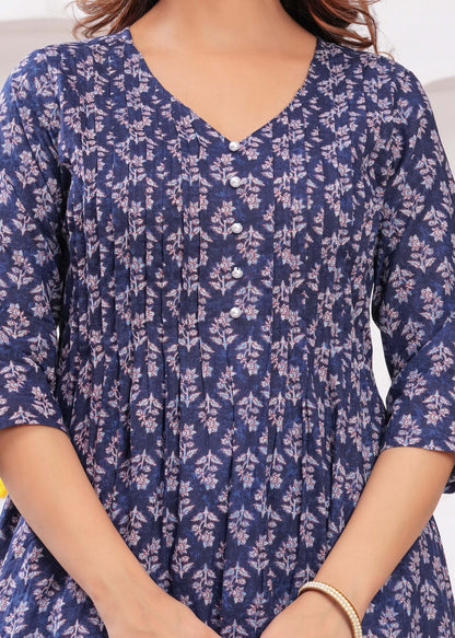 Women Blue Printed A-Line Kurta with Three Quarter Sleeves | LASVINI - Redefining Indian Fashion with Elegance