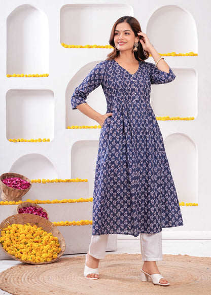 Women Blue Printed A-Line Kurta with Three Quarter Sleeves | LASVINI - Redefining Indian Fashion with Elegance