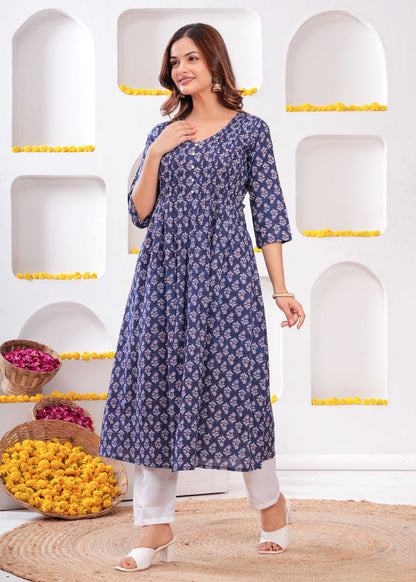 Women Blue Printed A-Line Kurta with Three Quarter Sleeves | LASVINI - Redefining Indian Fashion with Elegance