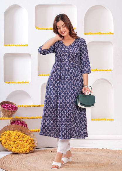Women Blue Printed A-Line Kurta with Three Quarter Sleeves | LASVINI - Redefining Indian Fashion with Elegance