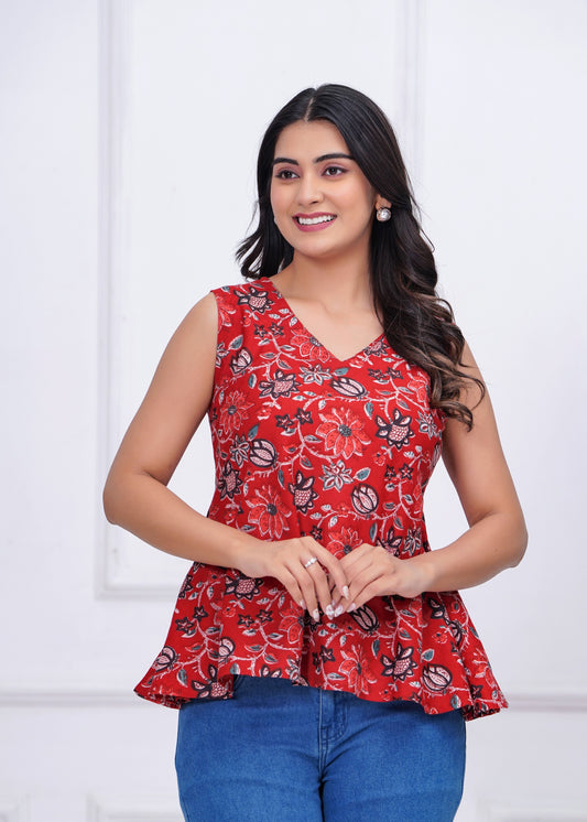 Red Floral Printed Peplum Tunic for Women | LASVINI - Redefining Indian Fashion with Elegance