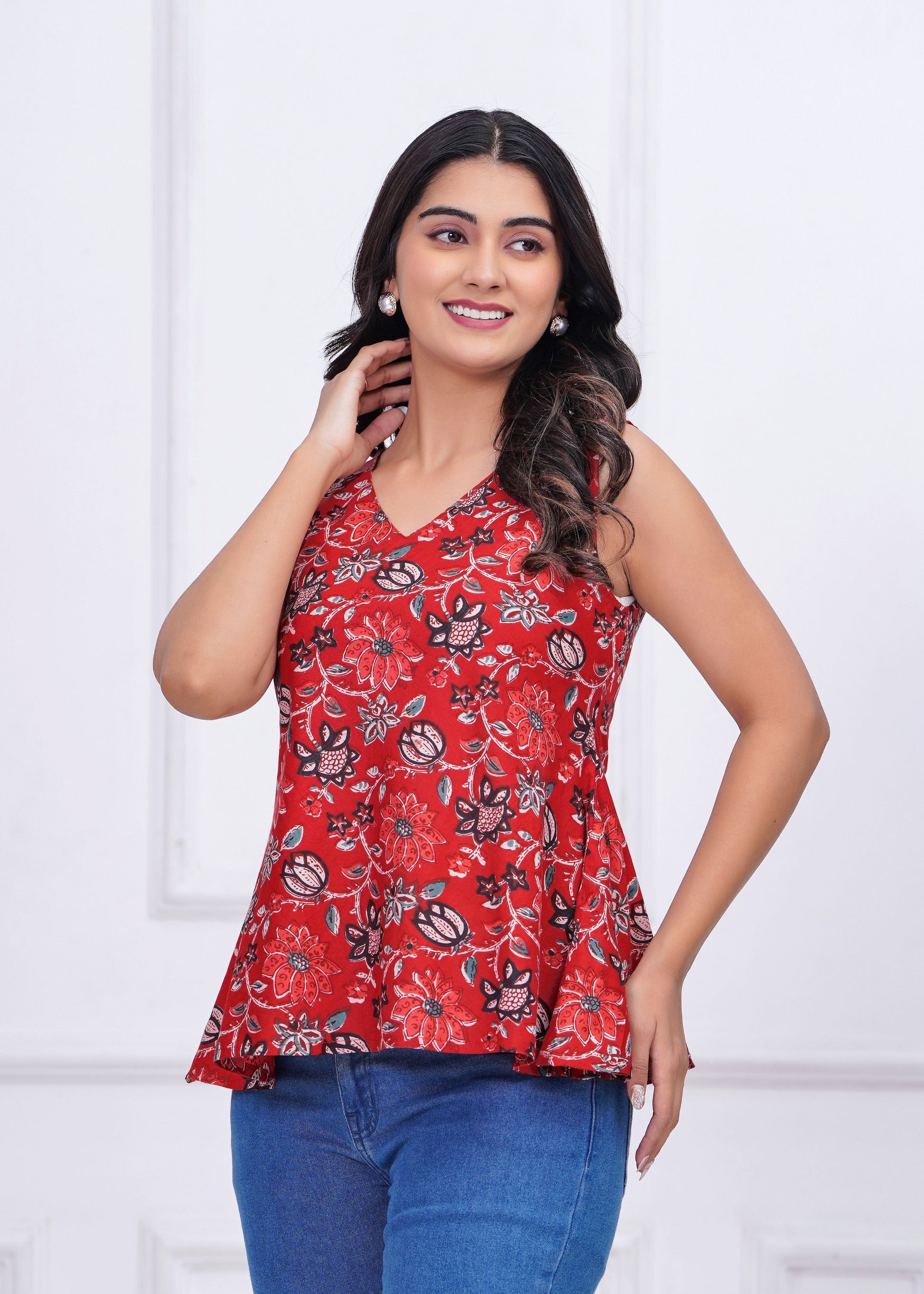 Red Floral Printed Peplum Tunic for Women | LASVINI - Redefining Indian Fashion with Elegance