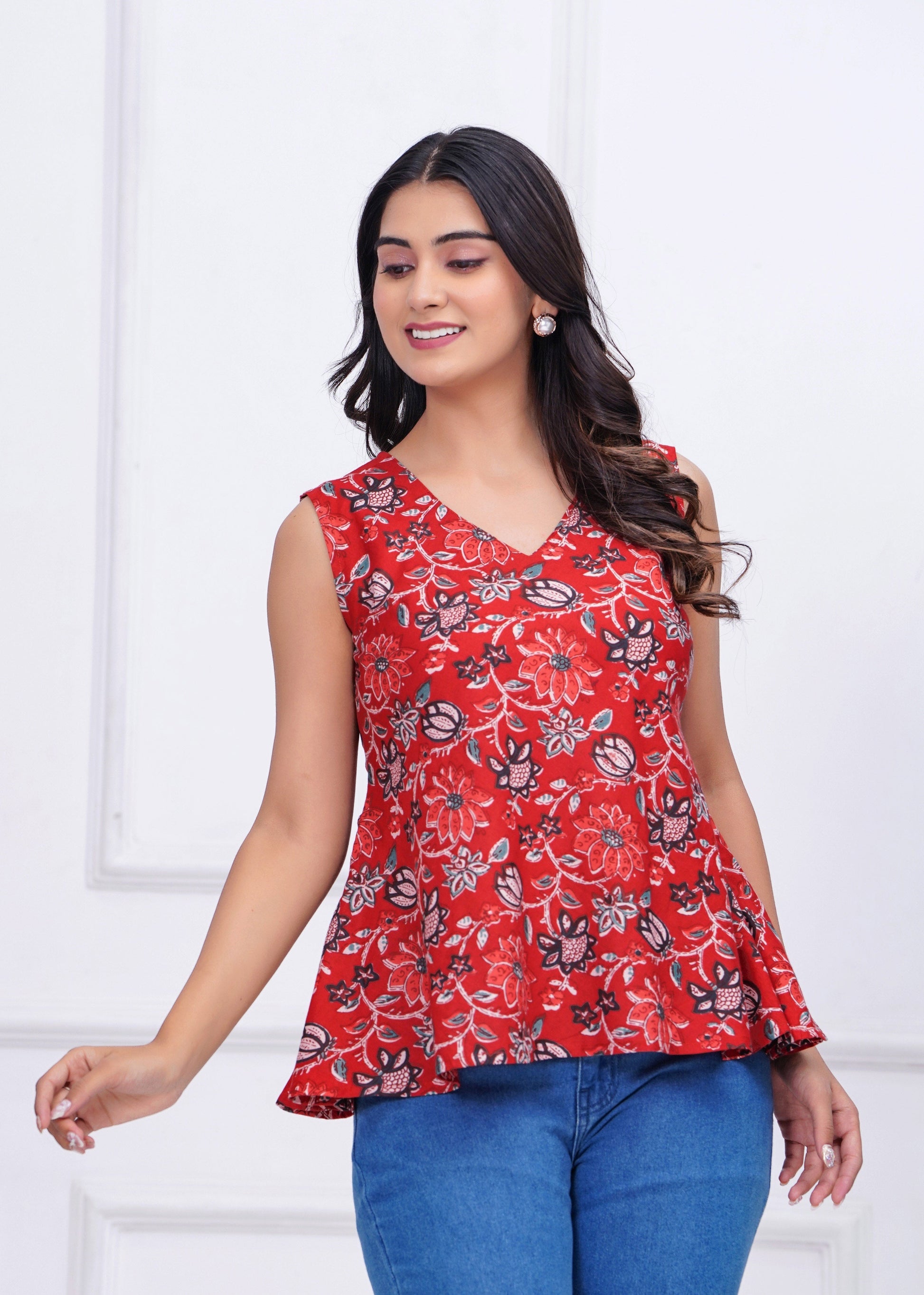 Red Floral Printed Peplum Tunic for Women | LASVINI - Redefining Indian Fashion with Elegance