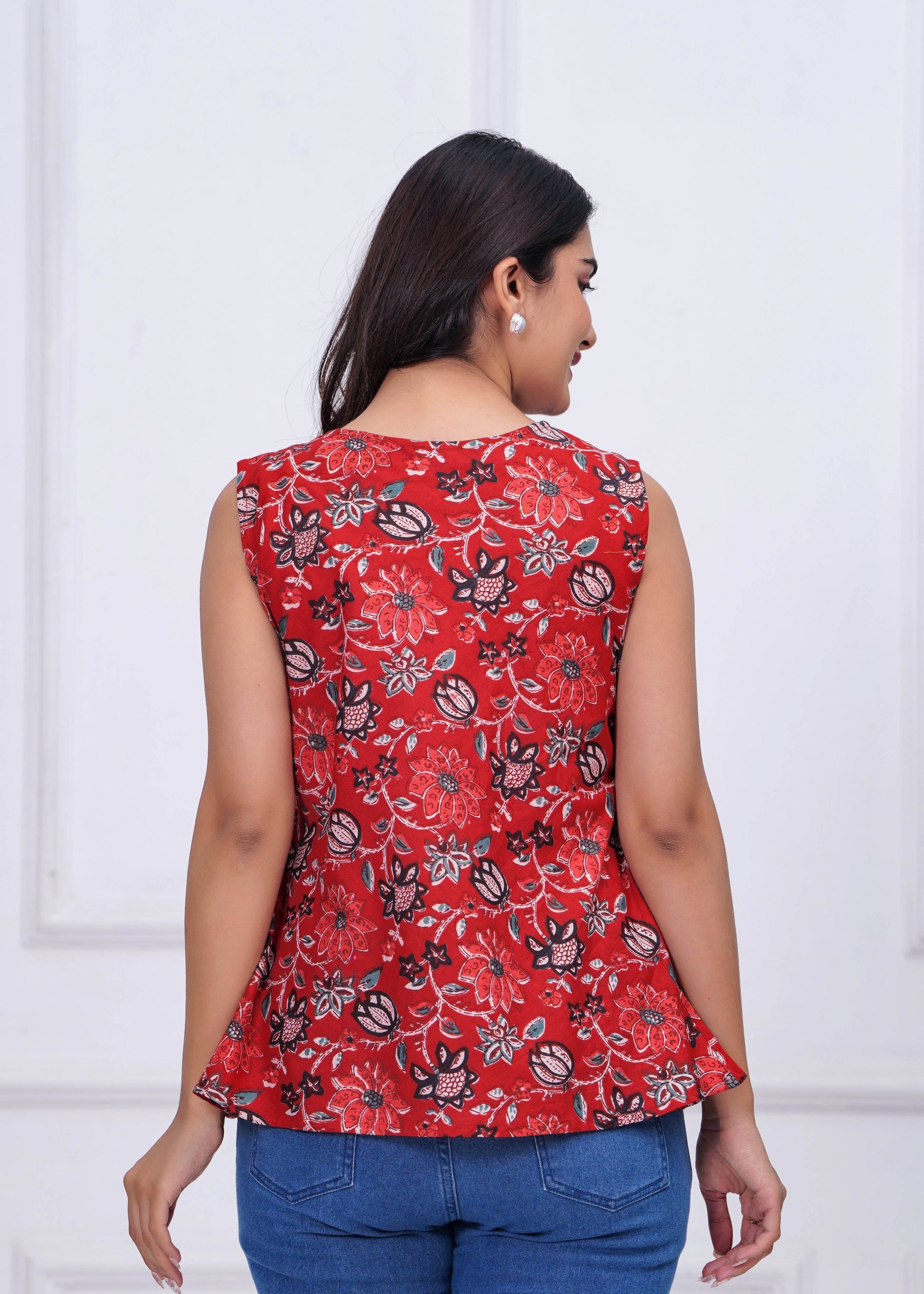 Red Floral Printed Peplum Tunic for Women | LASVINI - Redefining Indian Fashion with Elegance