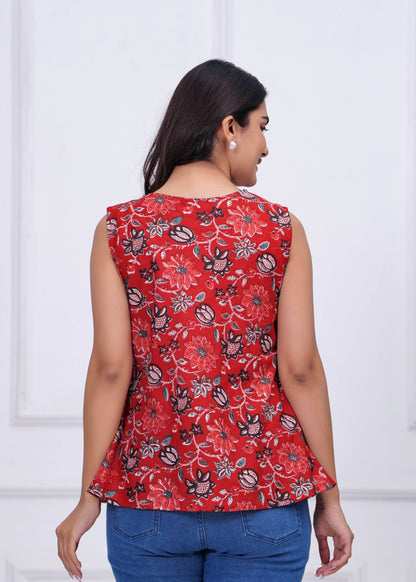 Red Floral Printed Peplum Tunic for Women | LASVINI - Redefining Indian Fashion with Elegance