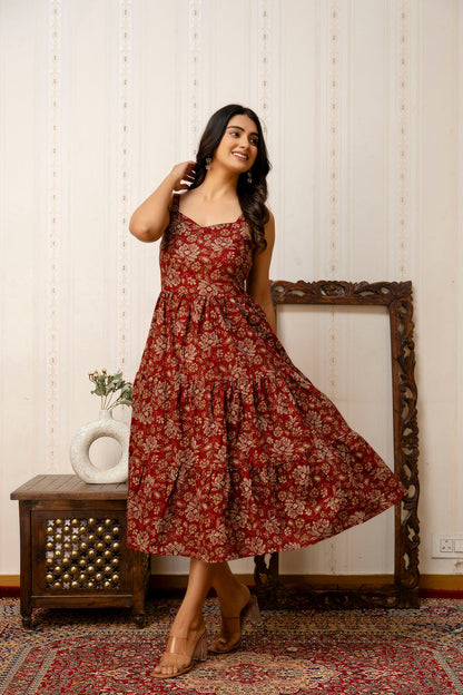 Maroon Floral Printed Flared Dress for Women | LASVINI - Redefining Indian Fashion with Elegance