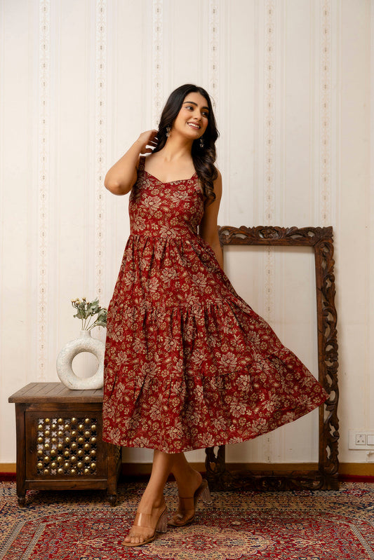 Maroon Floral Printed Flared Dress for Women | LASVINI - Redefining Indian Fashion with Elegance
