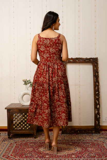 Maroon Floral Printed Flared Dress for Women | LASVINI - Redefining Indian Fashion with Elegance