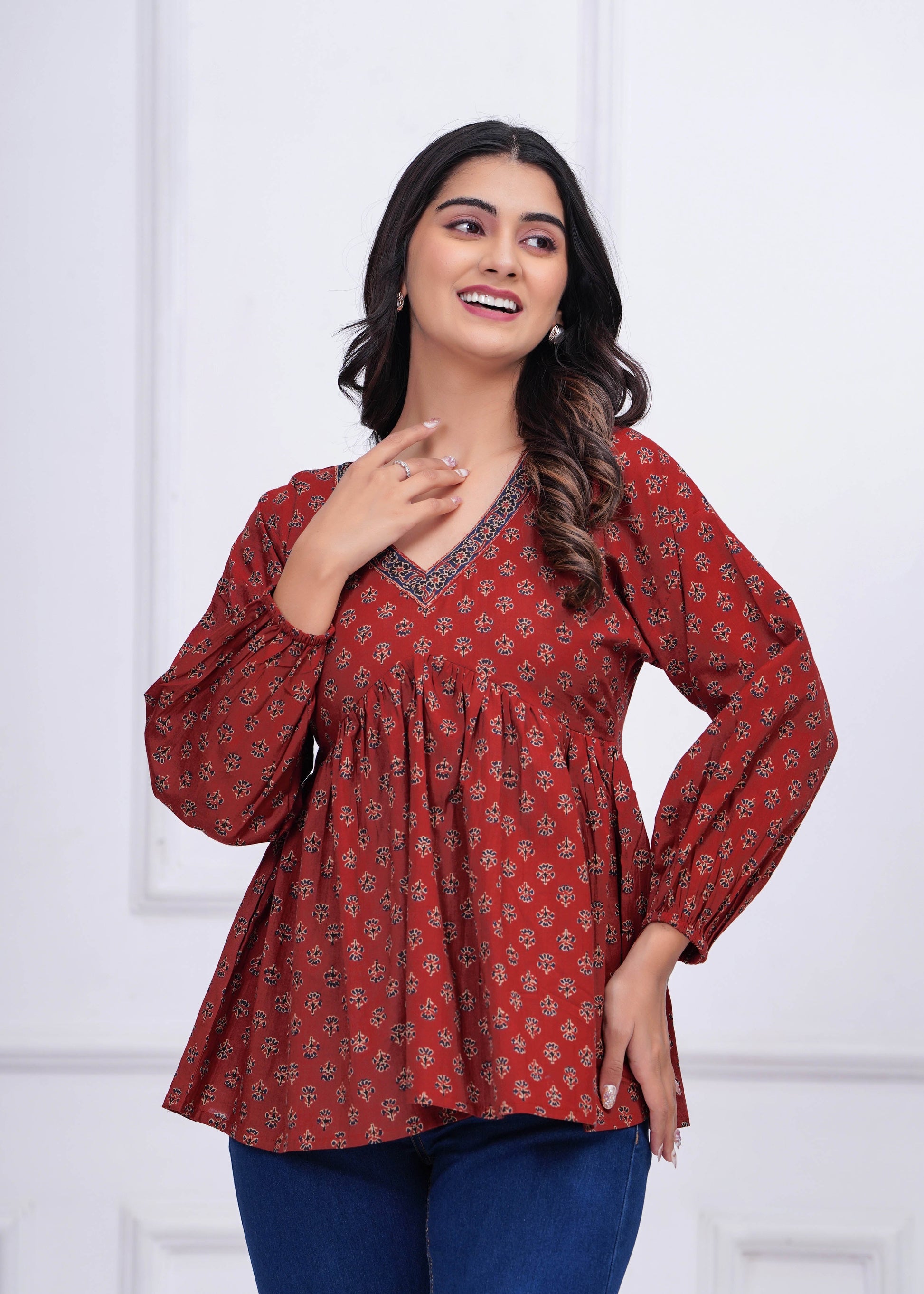 Women Maroon Printed Peplum Tunic | LASVINI - Redefining Indian Fashion with Elegance