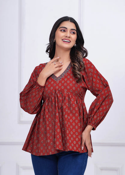 Women Maroon Printed Peplum Tunic | LASVINI - Redefining Indian Fashion with Elegance