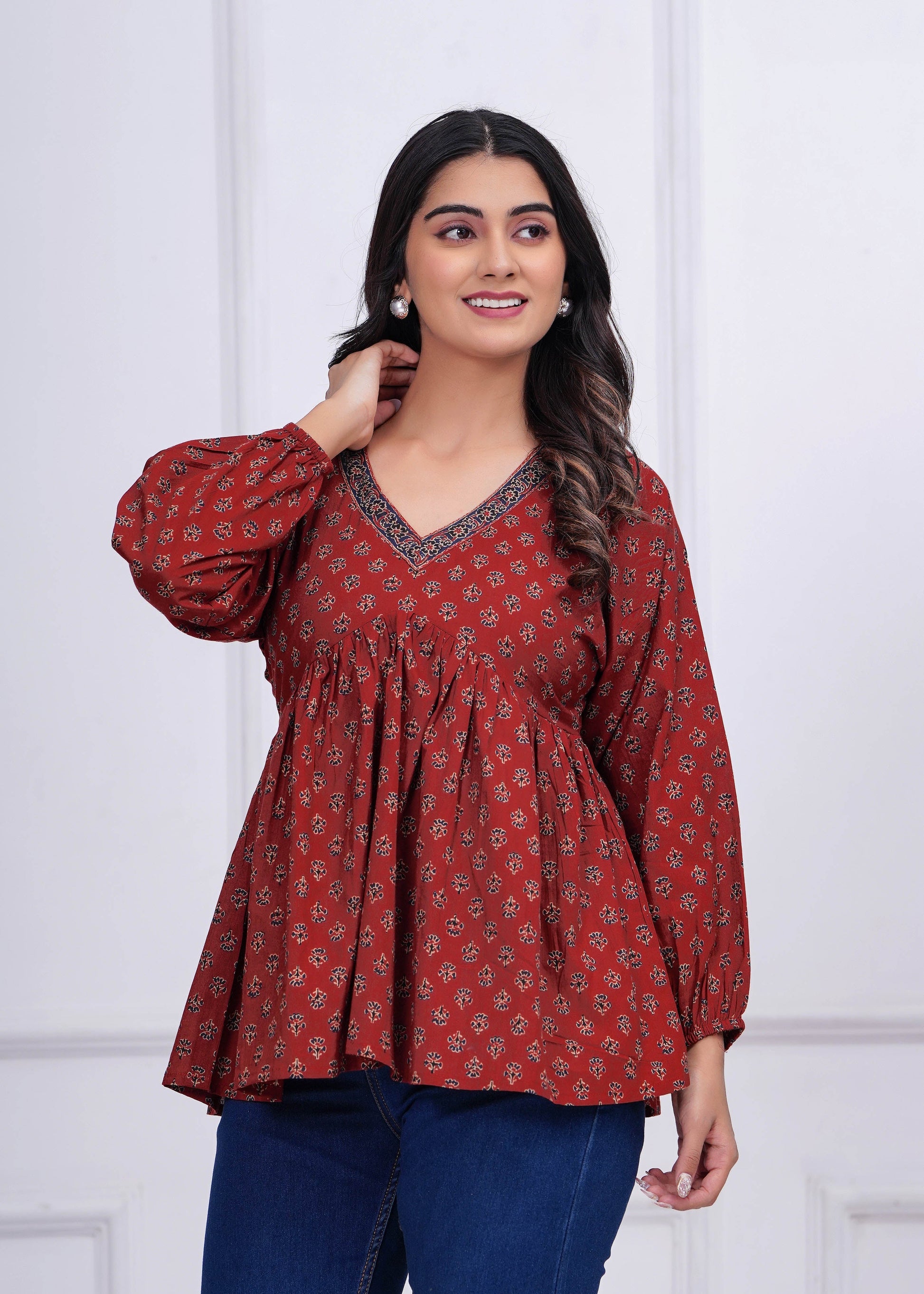 Women Maroon Printed Peplum Tunic | LASVINI - Redefining Indian Fashion with Elegance