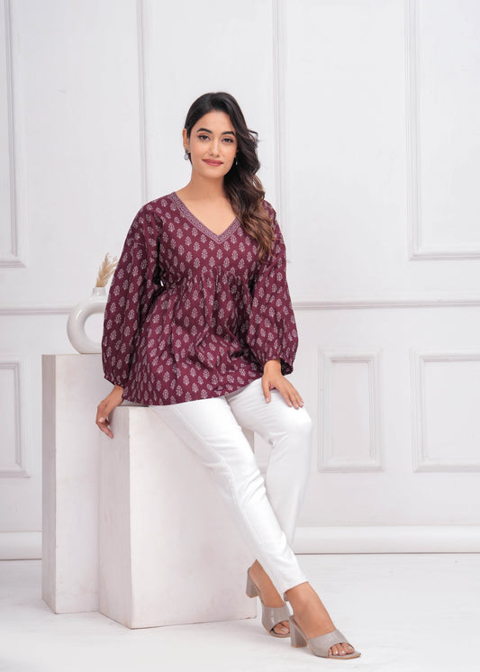 Winecolor Ethnic Printed Peplum Tunic For Women | LASVINI - Redefining Indian Fashion with Elegance