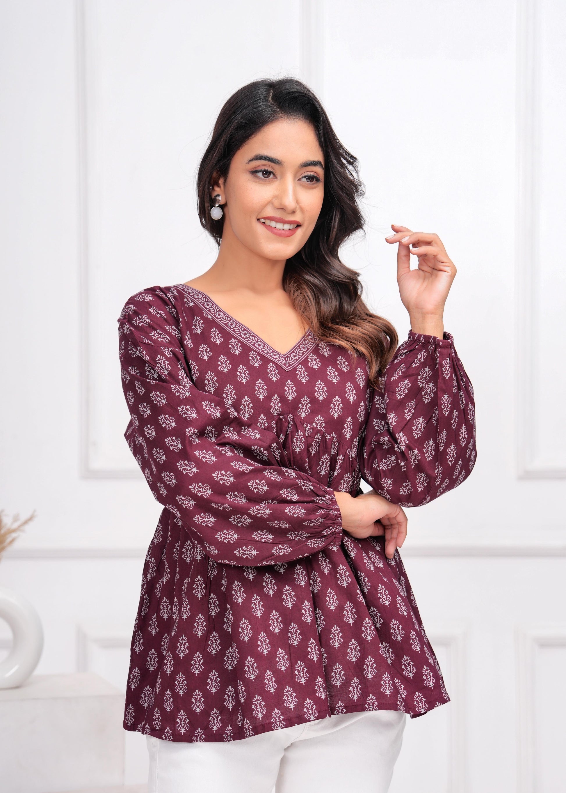 Winecolor Ethnic Printed Peplum Tunic For Women | LASVINI - Redefining Indian Fashion with Elegance