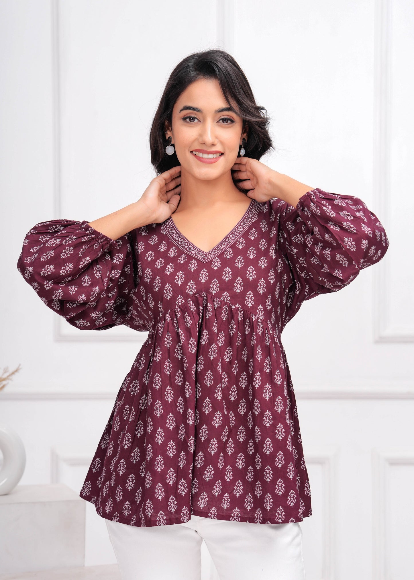 Winecolor Ethnic Printed Peplum Tunic For Women | LASVINI - Redefining Indian Fashion with Elegance