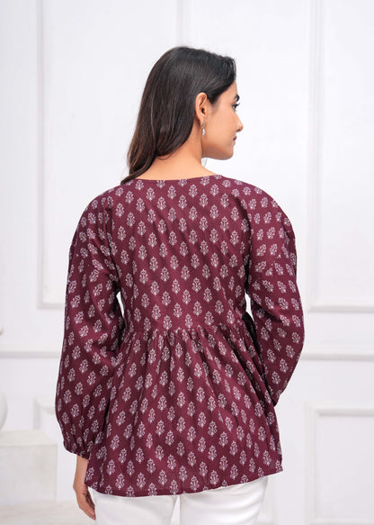 Winecolor Ethnic Printed Peplum Tunic For Women | LASVINI - Redefining Indian Fashion with Elegance
