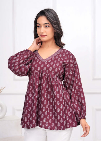 Winecolor Ethnic Printed Peplum Tunic For Women | LASVINI - Redefining Indian Fashion with Elegance