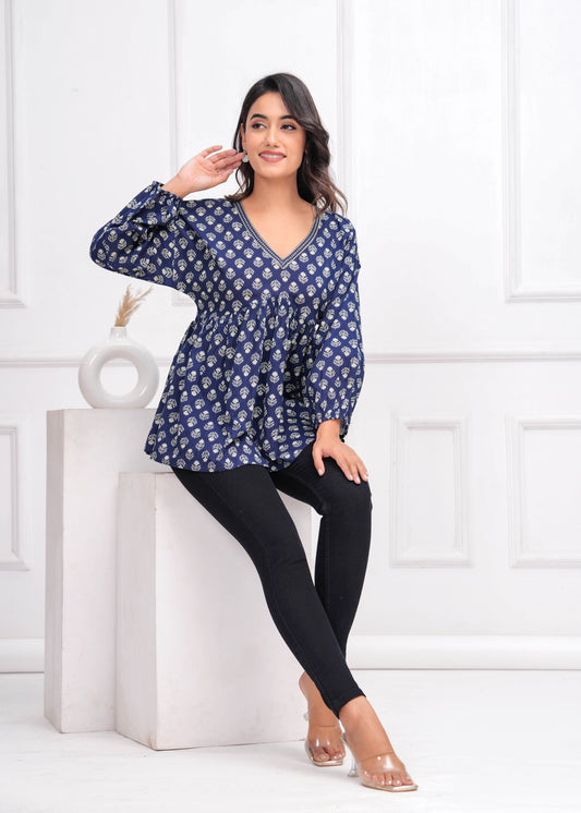 Blue Ethnic Printed Peplum Tunic For Women | LASVINI - Redefining Indian Fashion with Elegance