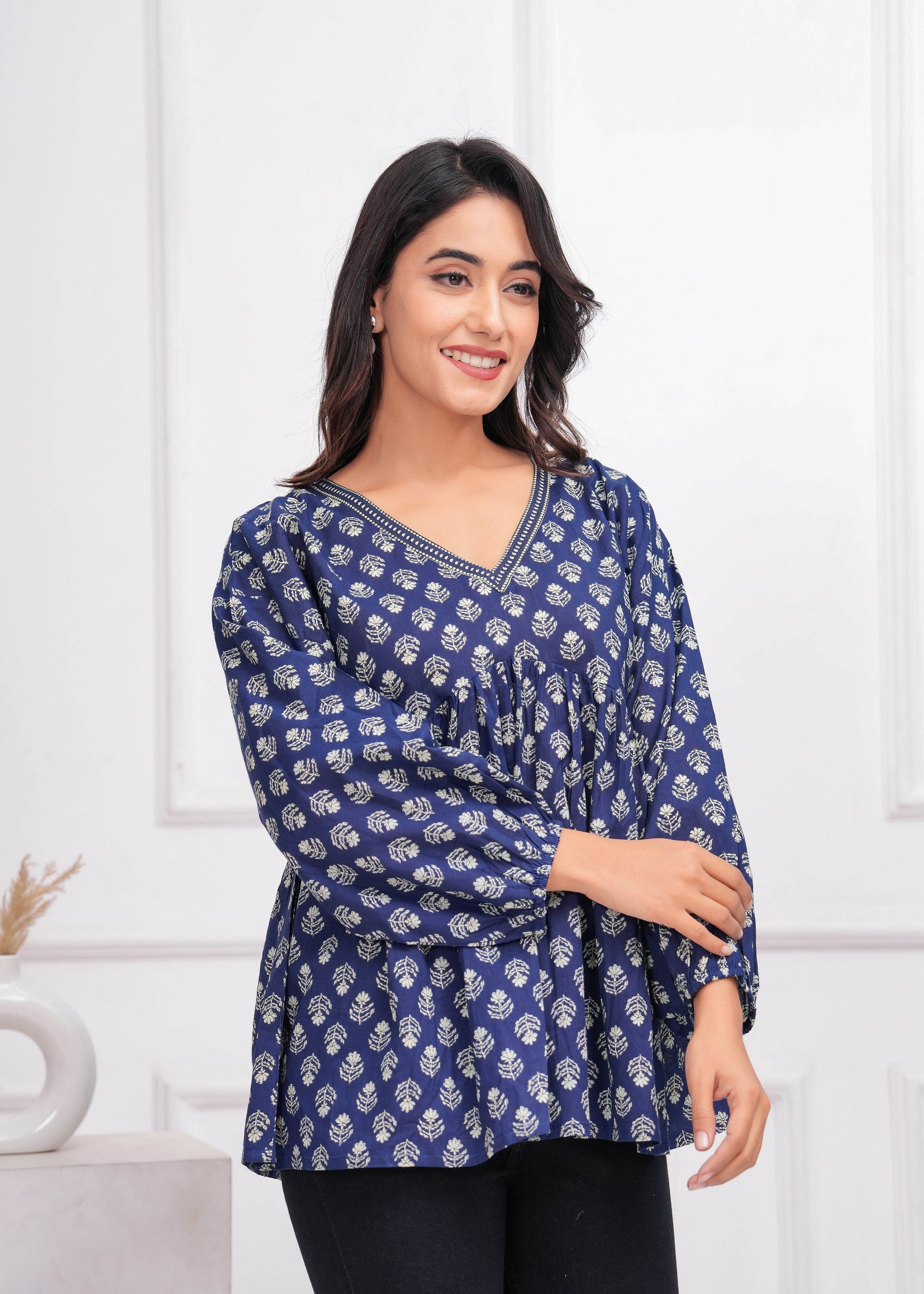 Blue Ethnic Printed Peplum Tunic For Women | LASVINI - Redefining Indian Fashion with Elegance