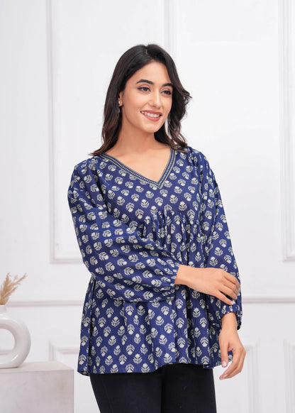 Blue Ethnic Printed Peplum Tunic For Women | LASVINI - Redefining Indian Fashion with Elegance