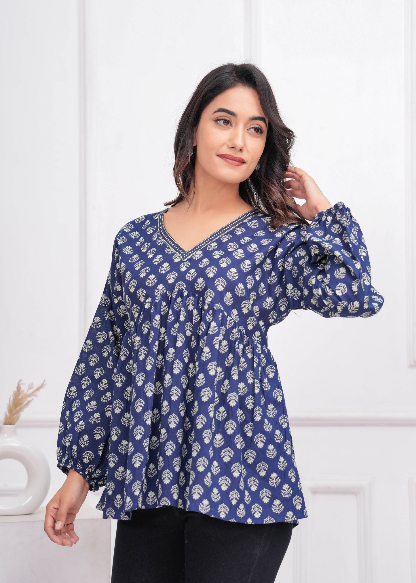 Blue Ethnic Printed Peplum Tunic For Women | LASVINI - Redefining Indian Fashion with Elegance