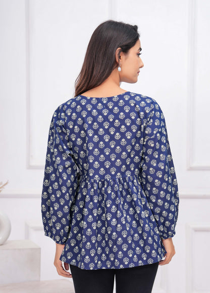 Blue Ethnic Printed Peplum Tunic For Women | LASVINI - Redefining Indian Fashion with Elegance