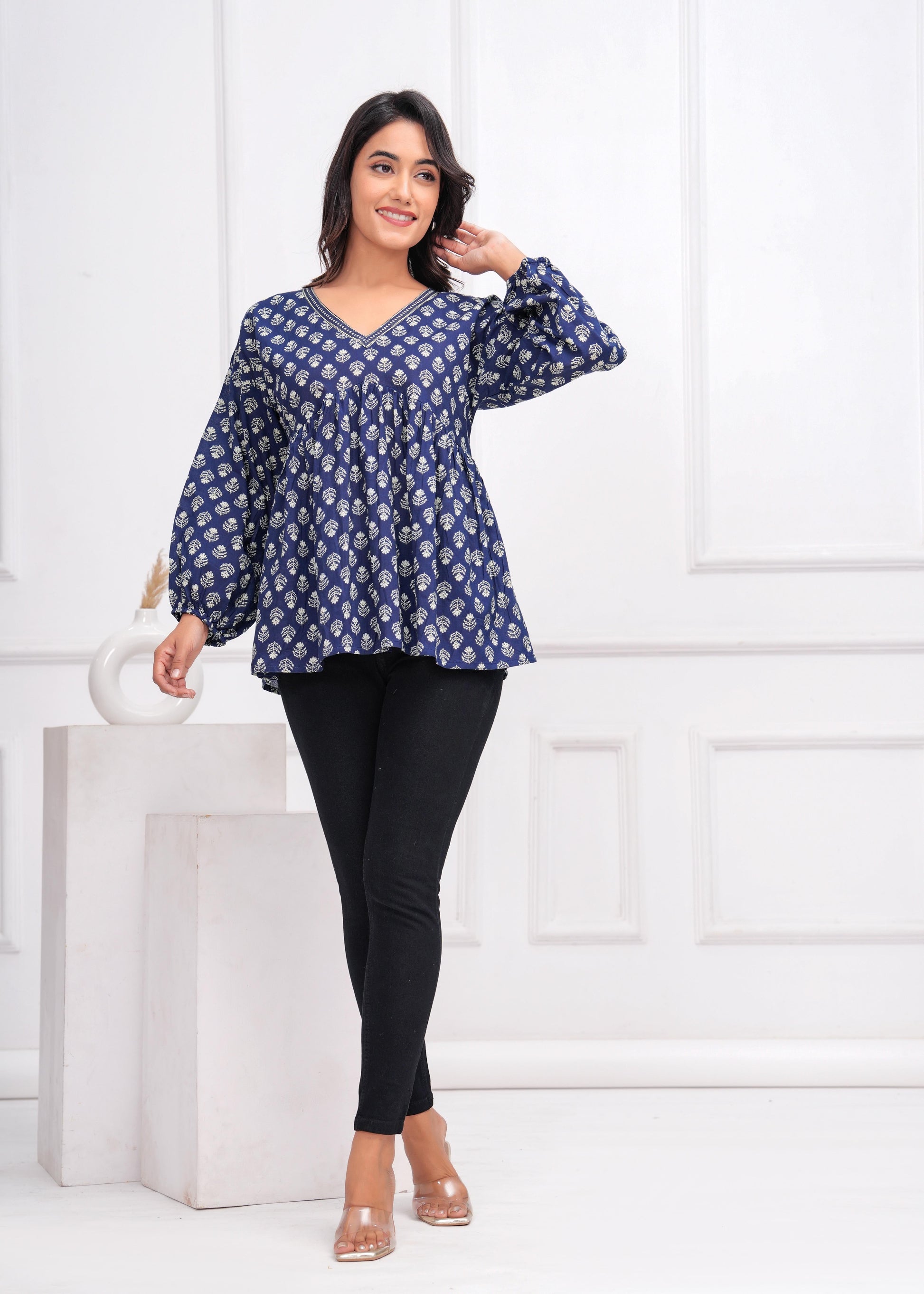 Blue Ethnic Printed Peplum Tunic For Women | LASVINI - Redefining Indian Fashion with Elegance